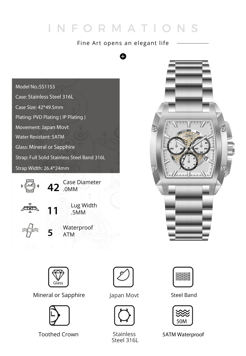 Detail of SS1153 Luxury Chronograph Men’s Watch with Luminous Skeleton Dial Sports 316L Case OEM